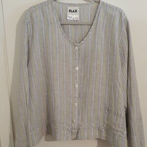 Flax Top 1G 100% Linen Lagenlook Button LS Purple Grn Wht Stripe